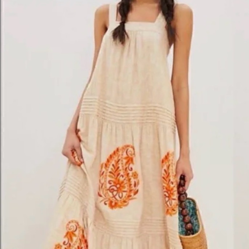 Anthropologie Cream and Orange Maxi Dress